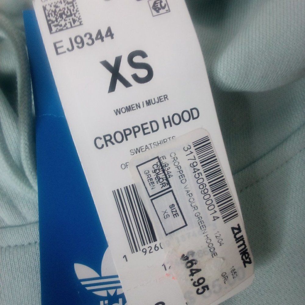 NWT Adidas 3 Stripe Cropped Hoodie Sweatshirt Vapour Green - Picture 4 of 8